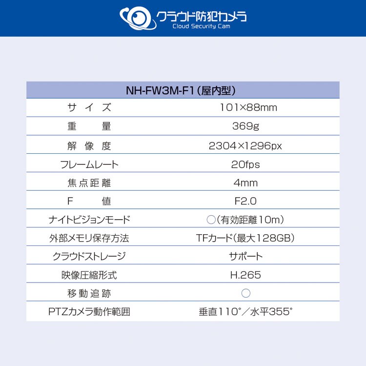 クラウド防犯カメラ 屋内型 NH-FW3M-F1