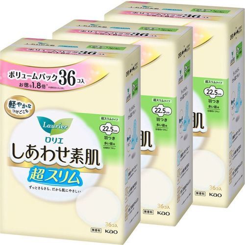 【3個セット】ロリエ しあわせ素肌 超スリム 多い昼用 羽つき 36コ入