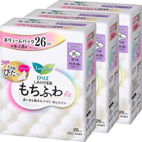 【3個セット】ロリエ しあわせ素肌 もちふわfit 特に多い昼用 羽つき 26コ 25cm