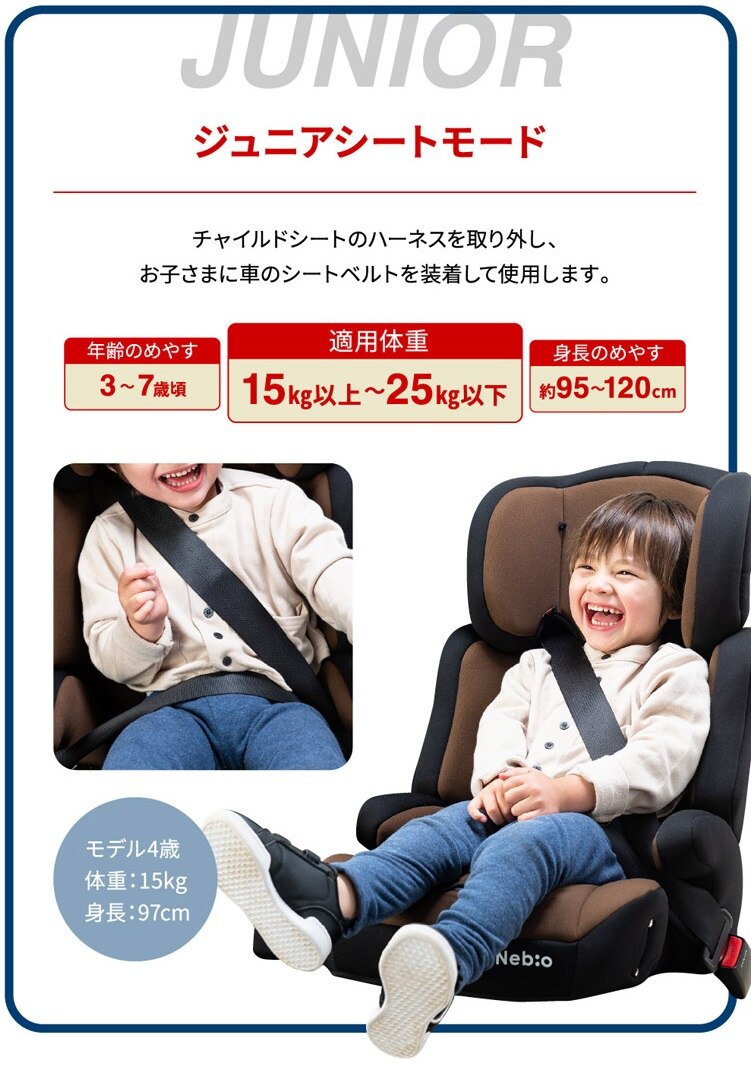 チャイルドジュニアシートNebio1歳～11歳洗える取付簡単軽量3WAYポップピットF中塚小児車工業所 