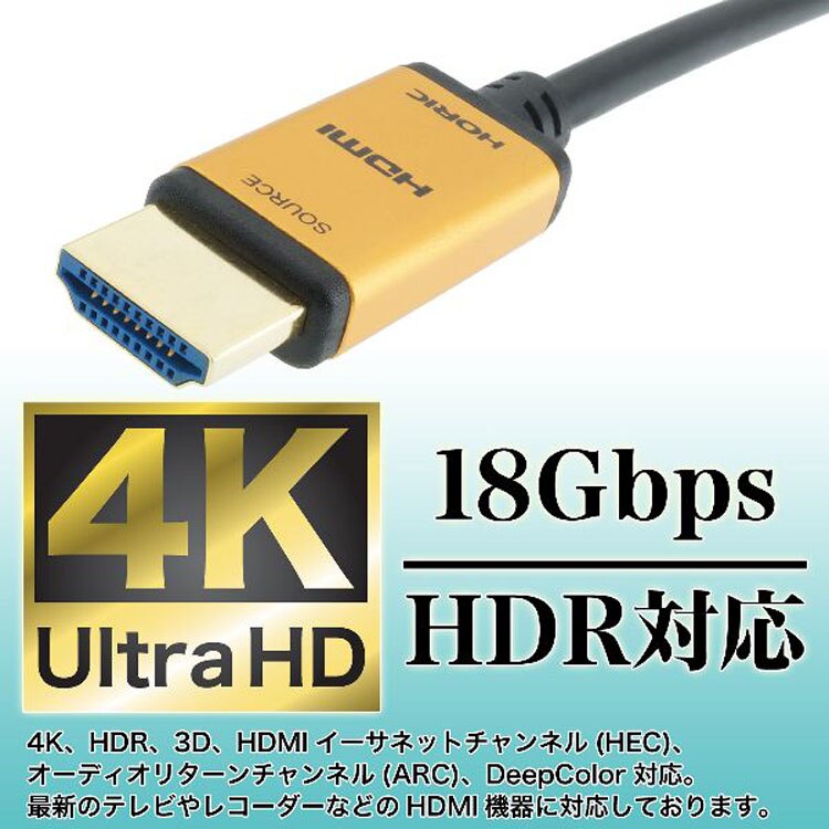 4K/60p対応光ファイバーケーブル薄型ヘッド長距離メタルヘッドHDR対応18G対応光ファイバーHDMIケーブル3D光ファイバーHDMIケーブル10mスタンダードタイプゴールド/黒ホーリック