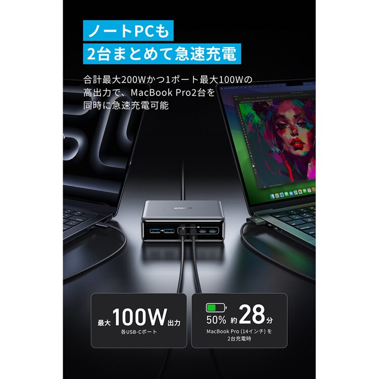 Anker アンカー Prime Charger（200W， 6 ポート， GaN） ブラック A2683N41 【プラザセレクト】