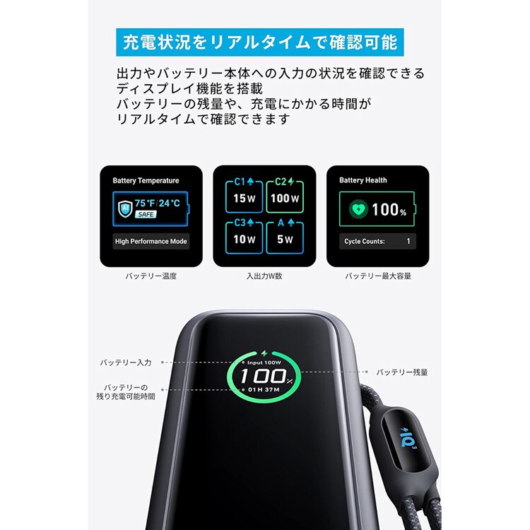 Anker アンカー Power Bank（25000mAh， Built-In & 巻取り式USB-Cケーブル） A1695N 【プラザセレクト】