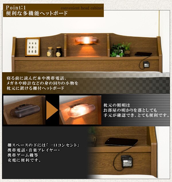 ベッドベット収納付きベッドフレーム日本製国産化粧板照明付きライト明かり棚付フロアベッドセミシングルフレーム 