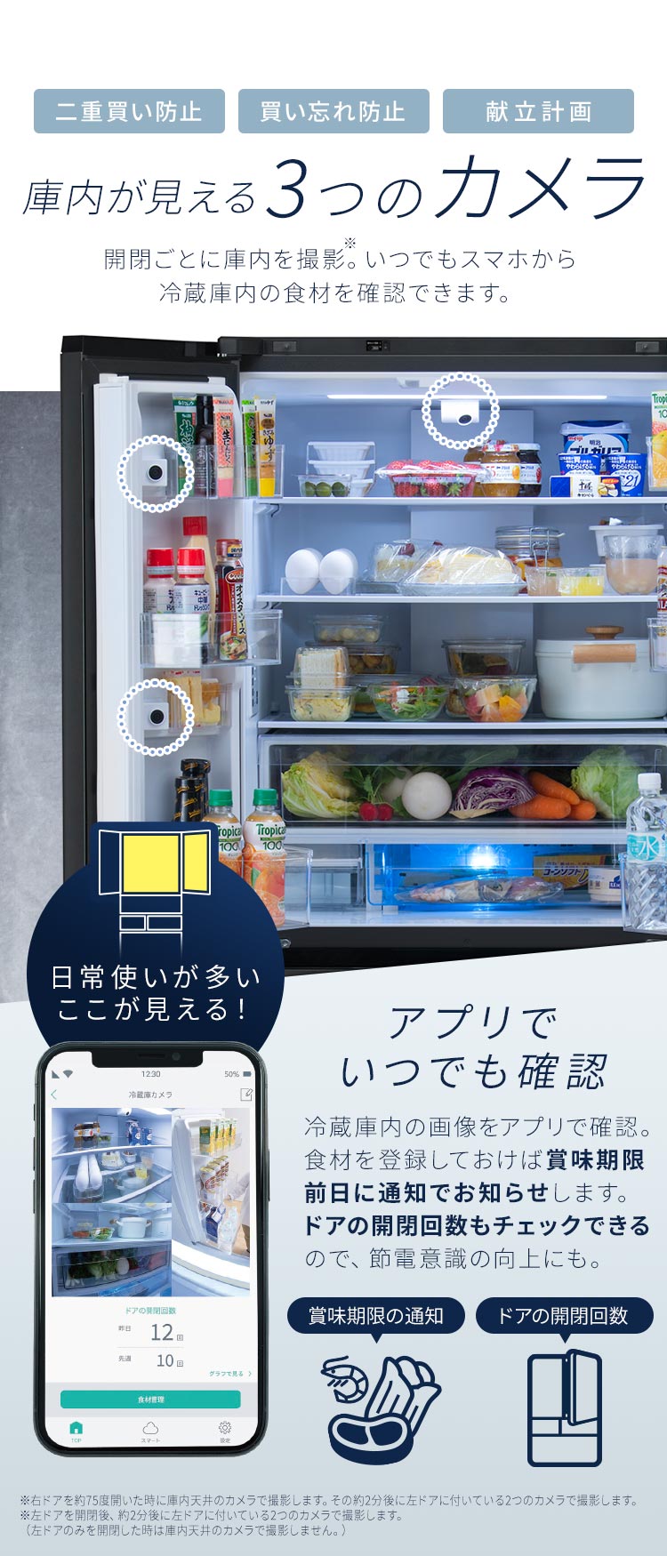 【設置無料】 冷蔵庫 503L カメラ付き 自動霜取り 大容量冷凍室132L ストックアイ フレンチドア 幅68.5cm IRSN-C50A-B ブラック【代引き不可】4