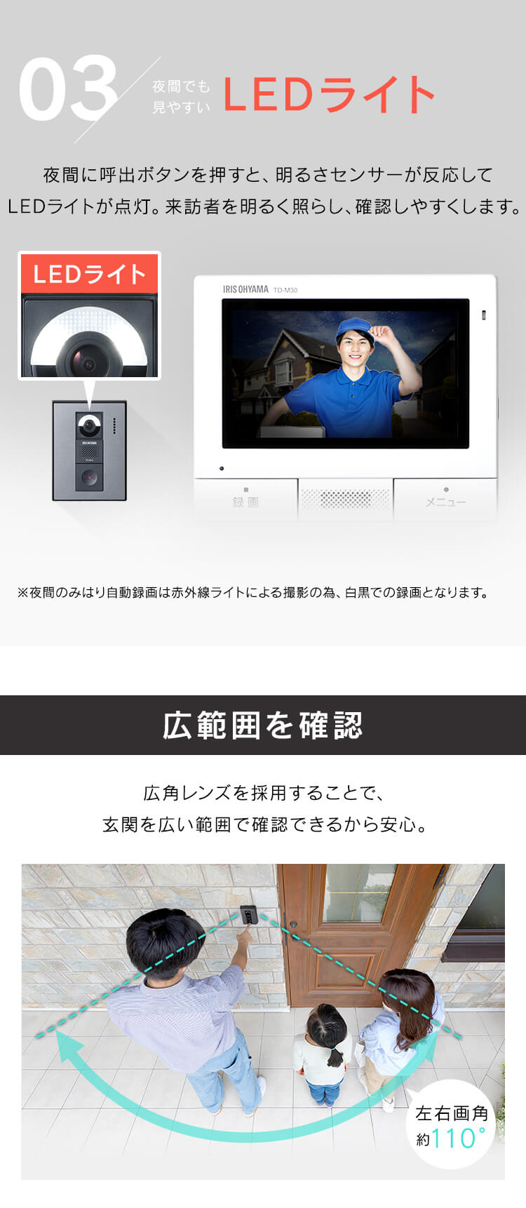 インターホン インターフォン 録画 自動録画 カメラ付き 広角レンズ 防犯 機械音声応答 4.3インチ ドアホン TD-SM3010-WSH4