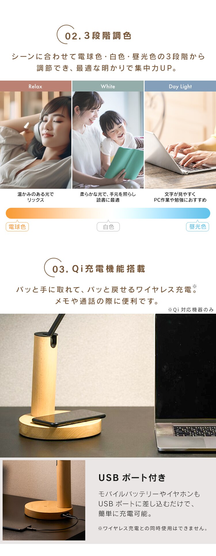 LEDデスクライト ワイヤレス充電 USBポート付 デザインタイプ LDL-QF02DL-T ウッド3