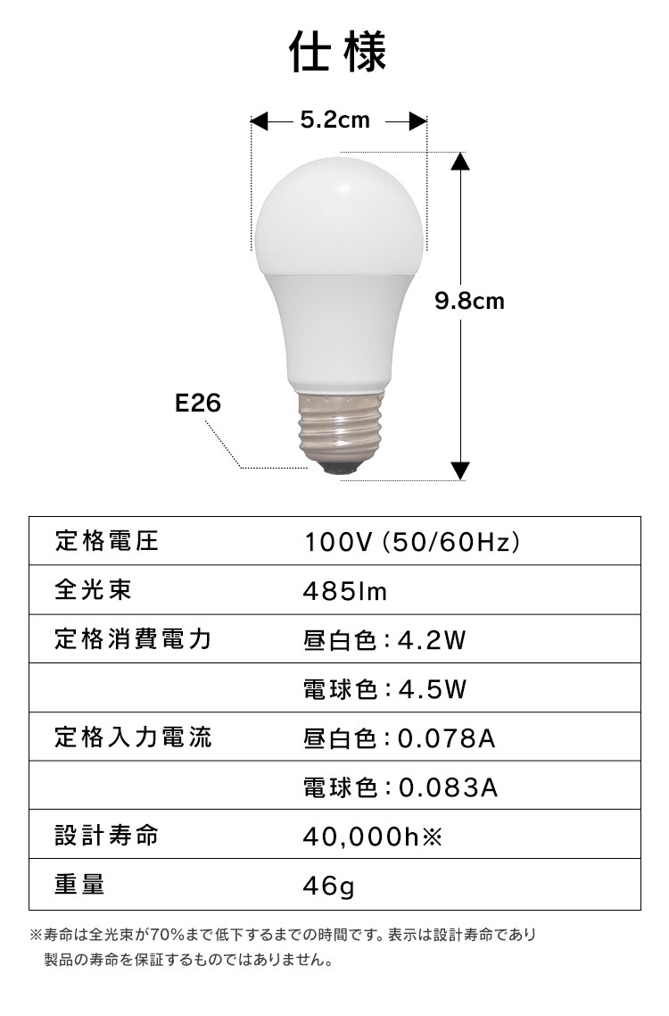 LED電球 E26口金 広配光タイプ 40W形相当 昼白色 密閉形器具対応 断熱材施工器具対応 LDA4N-G-4T87