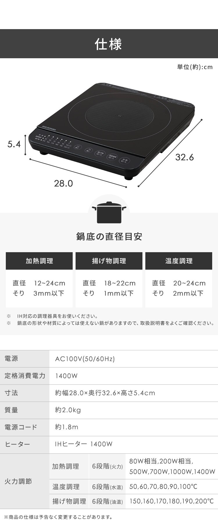 IHコンロ 1口 1400W IHK-T72-B ブラック6