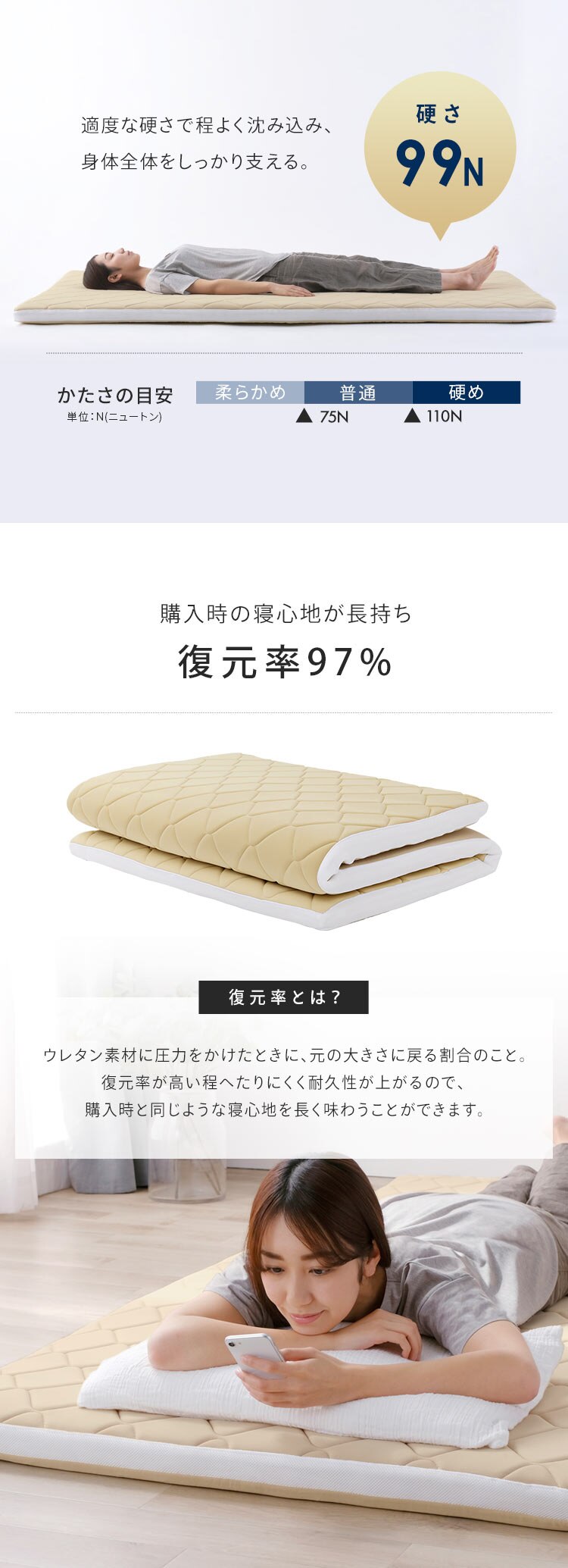 低反発ウレタン入り敷き布団 シングルサイズ SKF-LUB08-S ベージュ2