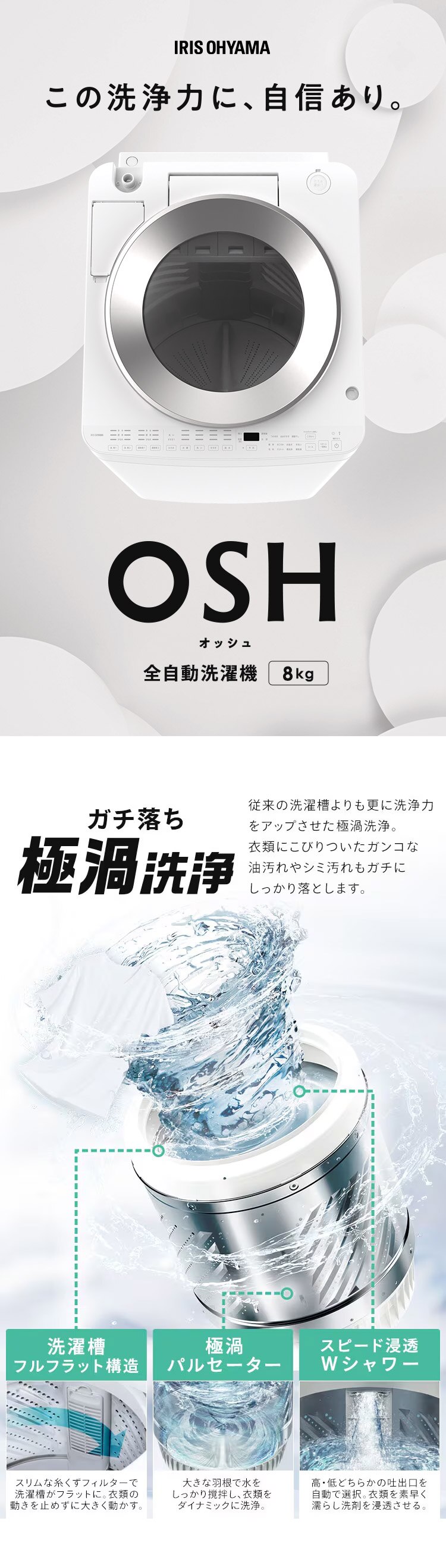 洗濯機 8kg OSH 2連タンク 洗剤自動投入 ガチ落ち極渦洗浄 省エネ 節水 ラクとれLOW設計 二人暮らし ファミリー向け ITW-80A01-W【代引き不可】0