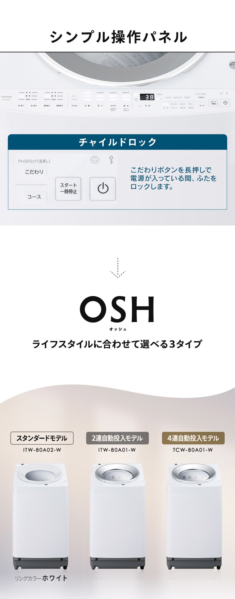 洗濯機 8kg OSH 2連タンク 洗剤自動投入 ガチ落ち極渦洗浄 省エネ 節水 ラクとれLOW設計 二人暮らし ファミリー向け ITW-80A01-W【代引き不可】12
