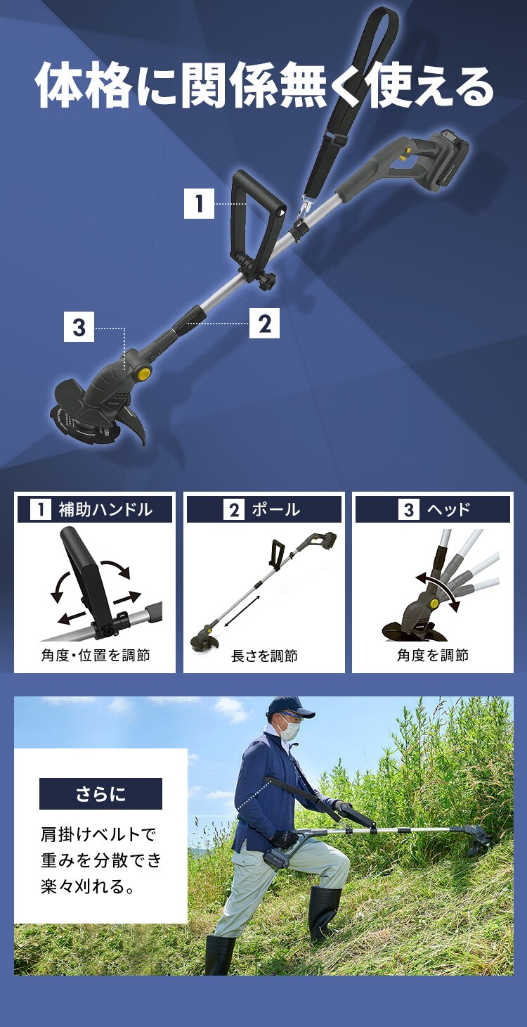 草刈機 芝刈り機 グラストリマー 角度調節ヘッド 18V 充電式 バッテリー付き JGT160M4-H グレー3