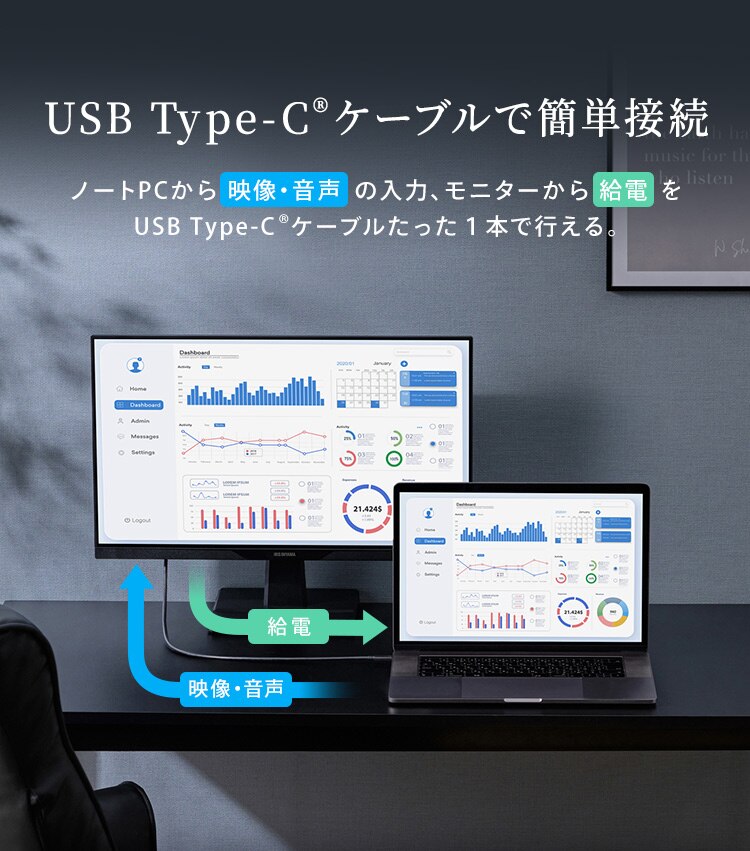 モニター 23.8インチ ディスプレイ LUCA Type-C対応 LUCA DC-AF233S-B モニター台セット(白)1