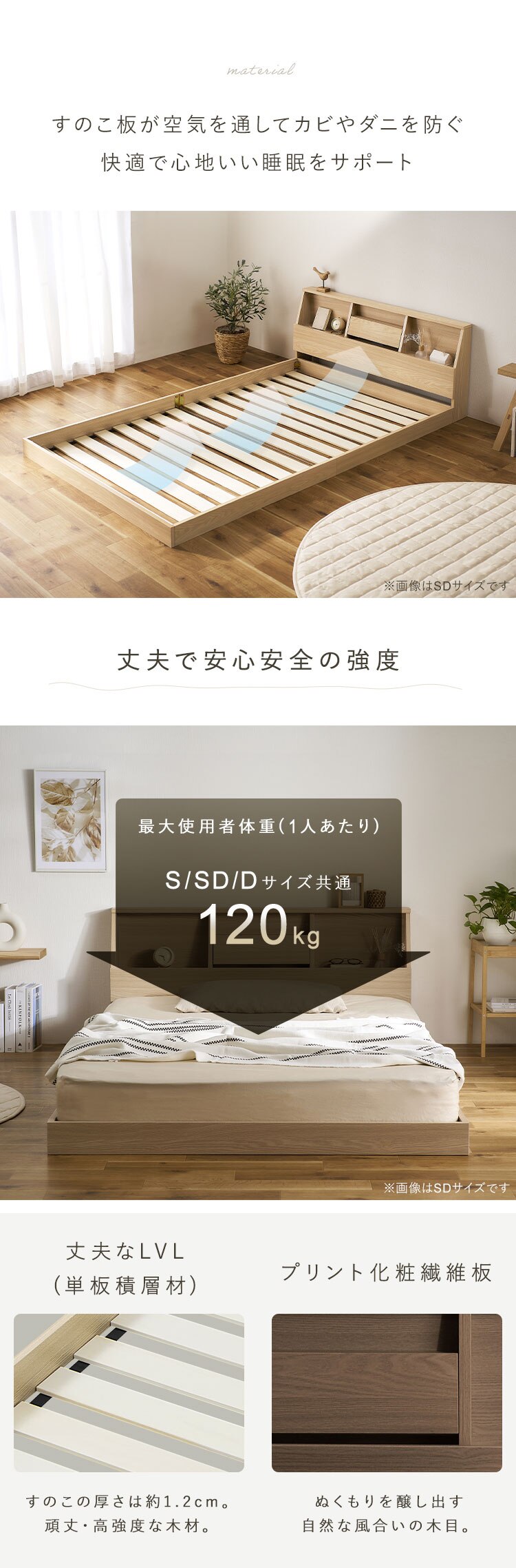 【マットレスセット】ベッド シングル ロータイプ 棚付き コンセント ナチュラル + ボンネルコイル ブラック7