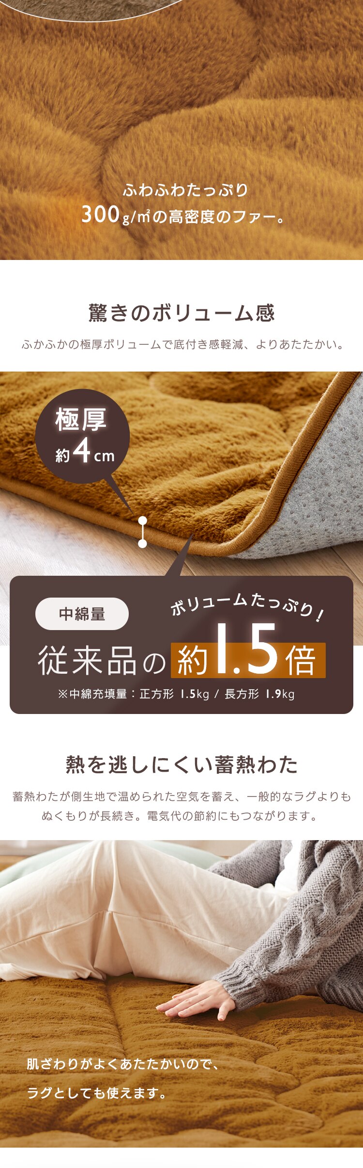 ラグ こたつ敷き布団 正方形 190&times;190cm 厚さ4cm マスタード 1