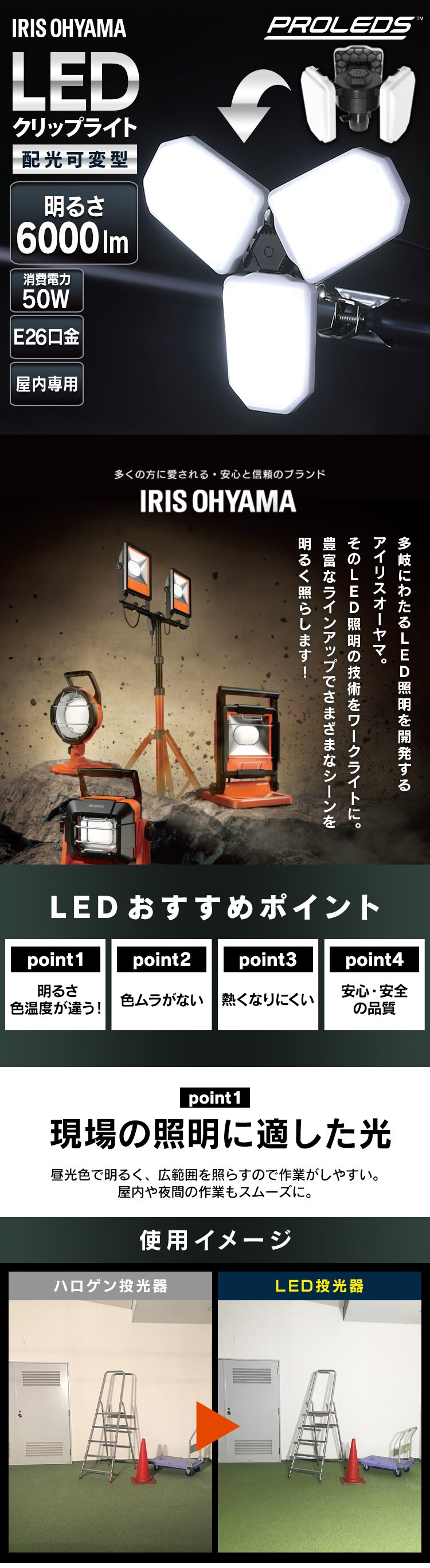 ワークライト LED 配光可変型 クリップライト 屋内用 作業灯 作業用 6000lm ILW-60GWC0