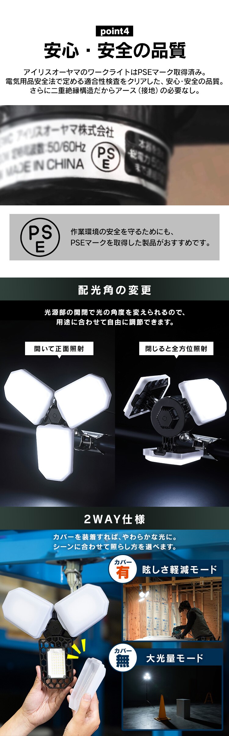 ワークライト LED 配光可変型 クリップライト 屋内用 作業灯 作業用 9000lm ILW-90GWC2