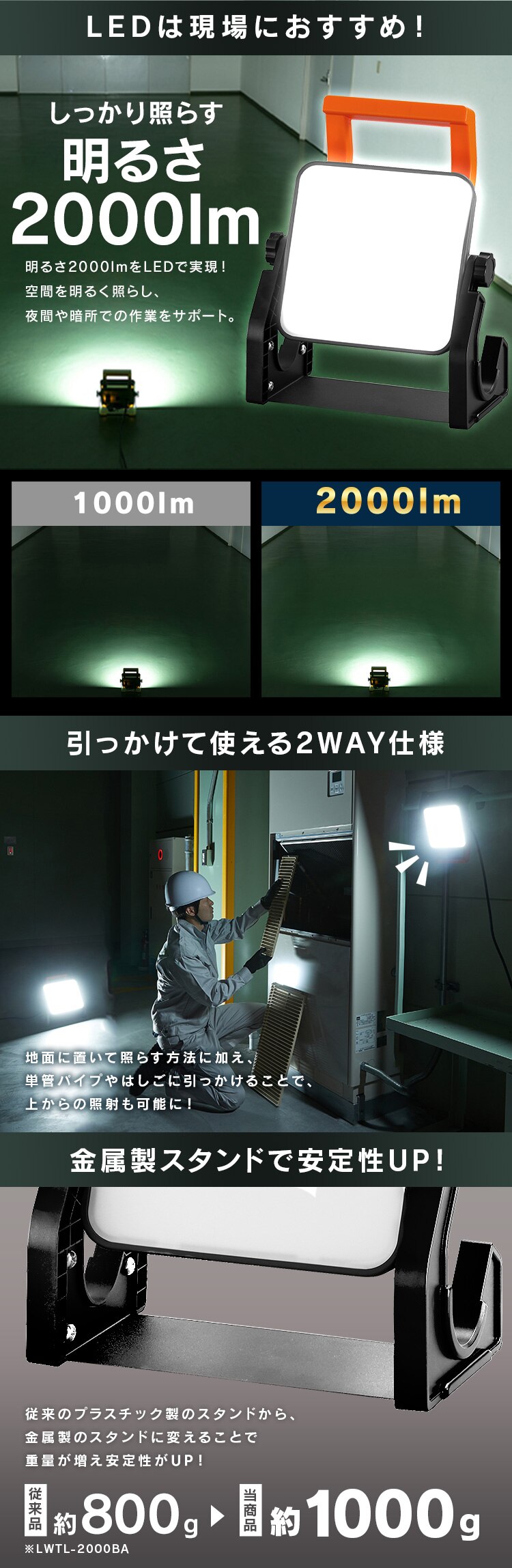ワークライト LED 置き型 投光器 AC式 作業灯 作業用 2000lm LWT-2000BAH22