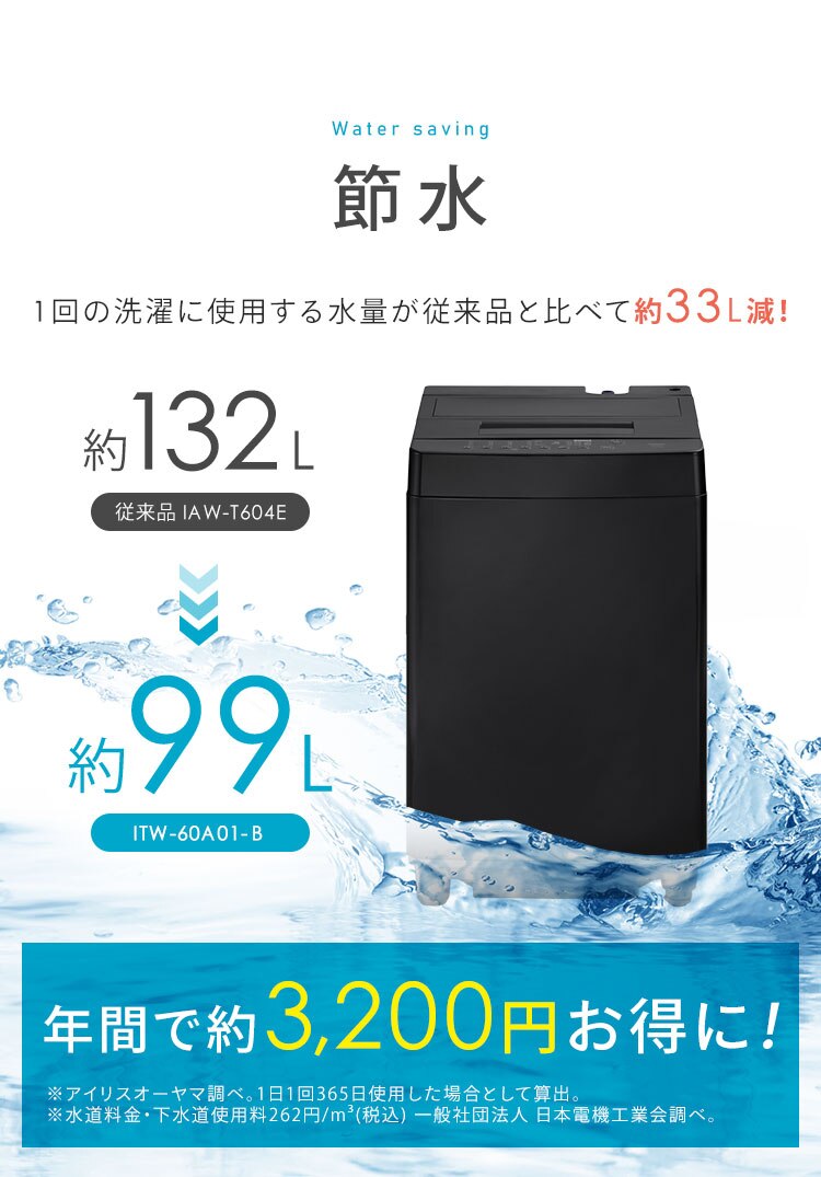洗濯機 6kg ガチ落ち大水流洗浄 節水 LOW設計 一人暮らし ITW-60A01-W ホワイト3