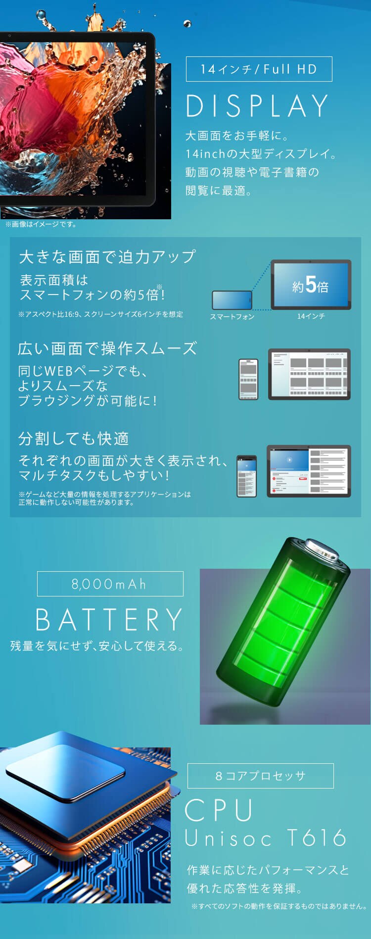 【保護フィルム付き】 タブレット 14インチ 128GB メインメモリ6GB 8コア LUCA TM14D1M76-V1B ブラック1