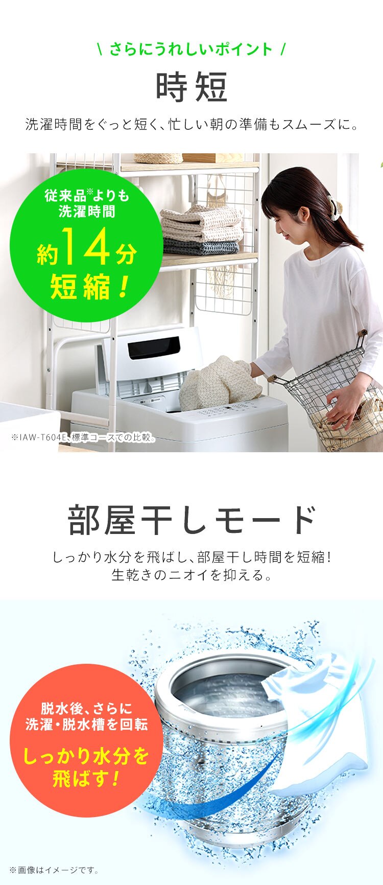 洗濯機 6kg ガチ落ち大水流洗浄 節水 コンパクト 一人暮らし IAW-T606-W ホワイト5