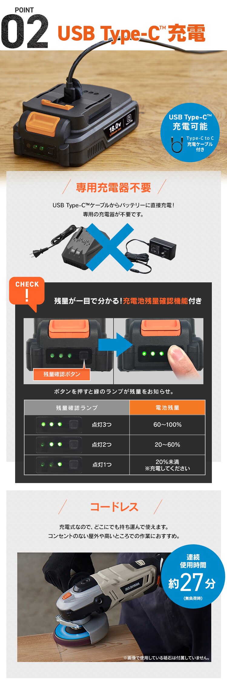 充電式ディスクグラインダ18V JDG100TC サンドベージュ3