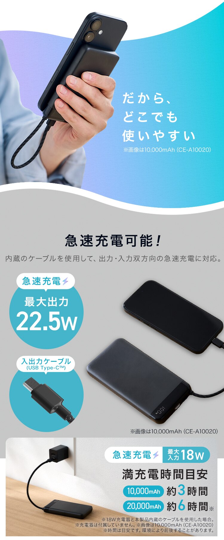 モバイルバッテリー 薄型 軽量 20000mAh CE-A20020-B ブラック2