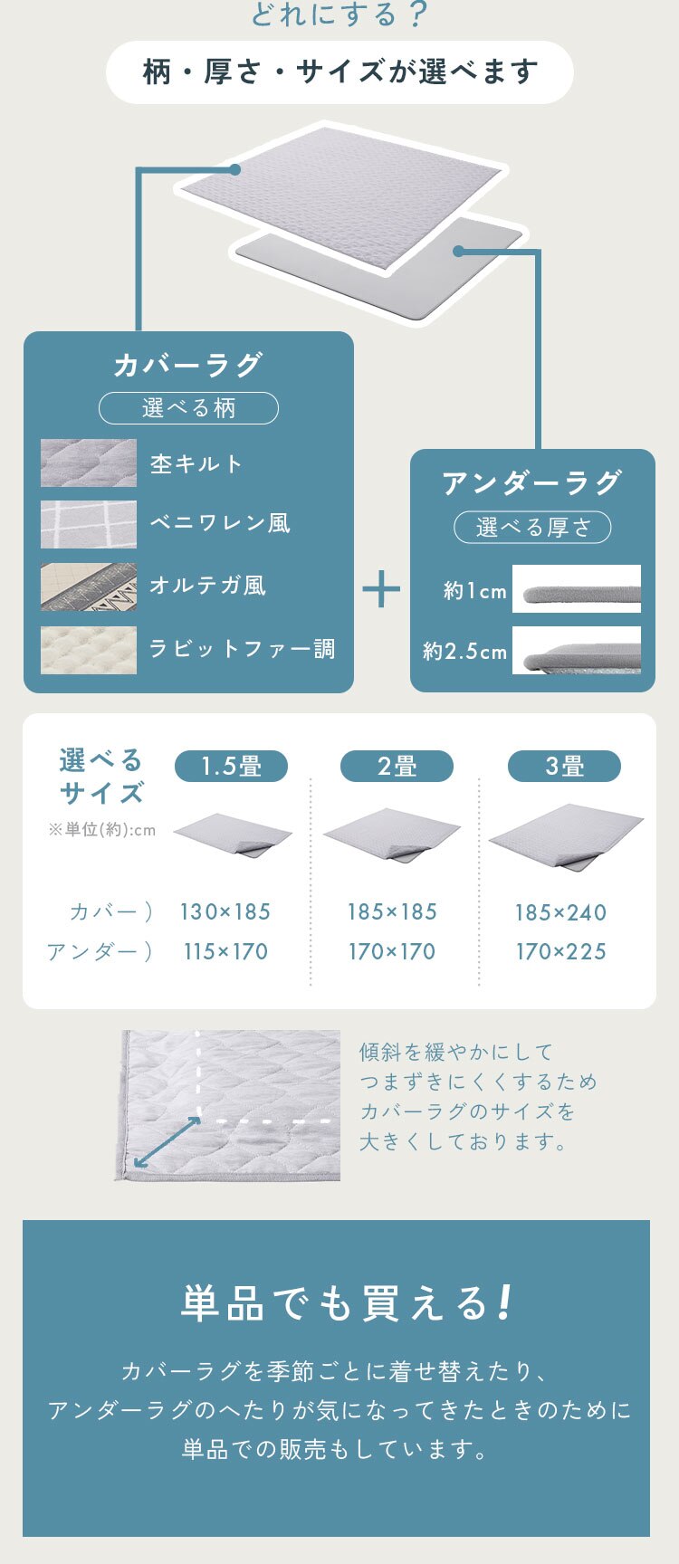 ラグ クッションラグ はがして洗えるラグ 春夏秋冬使えるラグ 杢キルト柄 130cm&times;185cm 1.5畳 厚さ1cm ハガッシュ Hagash グレー HAGSM10-13186