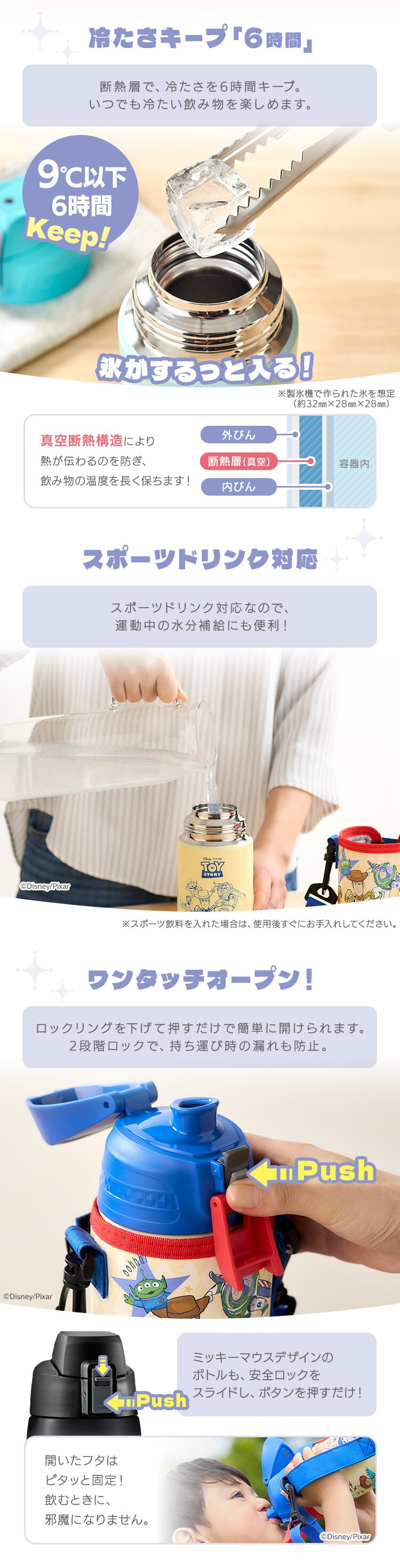 水筒 子供 600ml ステンレスボトル ワンタッチ キッズ 保冷 カバー付き 大容量 NDDB-600 ミッキー2