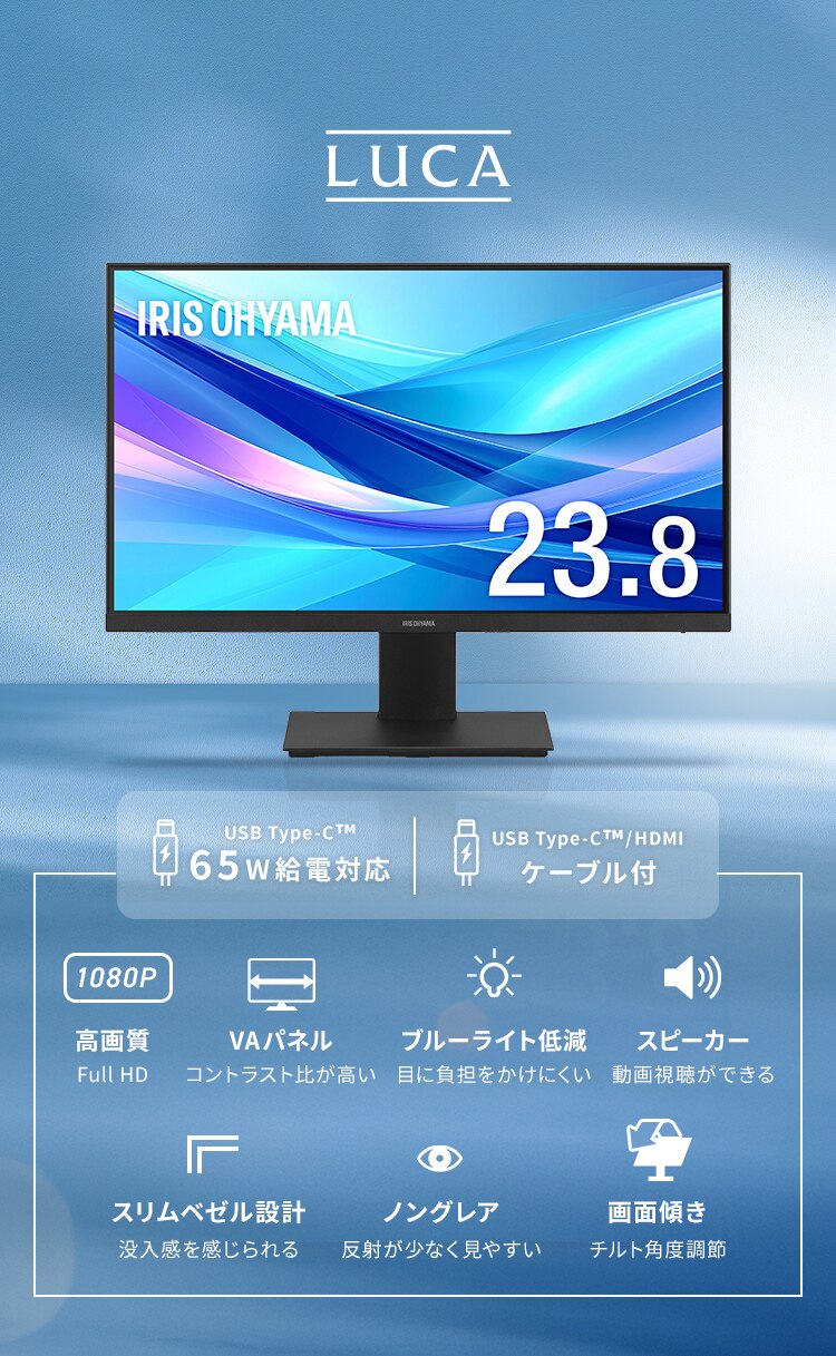 モニター 23.8インチ ディスプレイ LUCA Type-C対応 LUCA DC-CF235S-B ブラック1