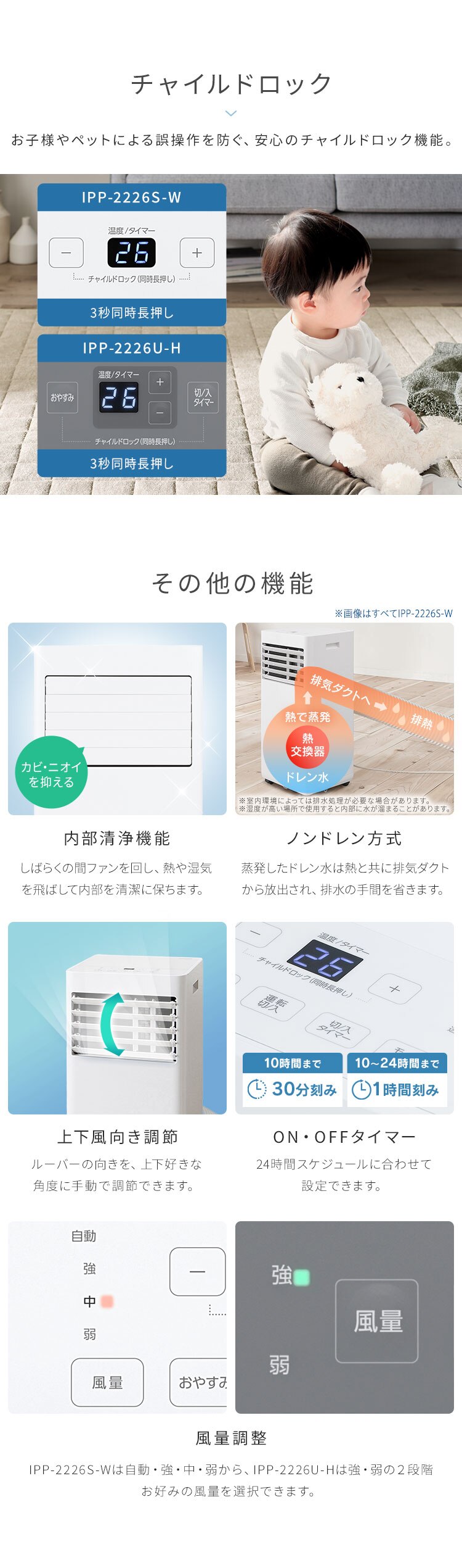 ポータブルクーラー 4.5~7畳 工事不要 冷風 送風 除湿 IPP-2226S ホワイト10