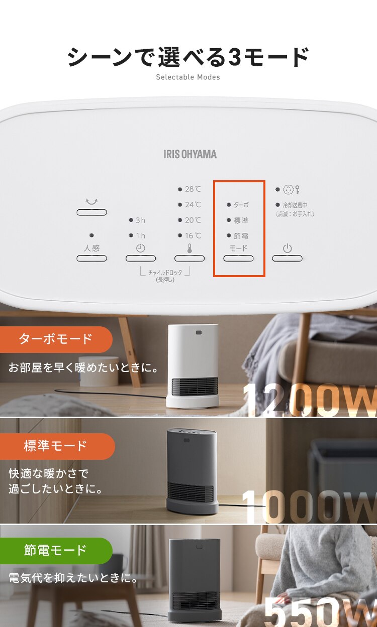 大風量セラミックファンヒーター 首振り Wセンサー ACH-LWSW12A-B ブラック5
