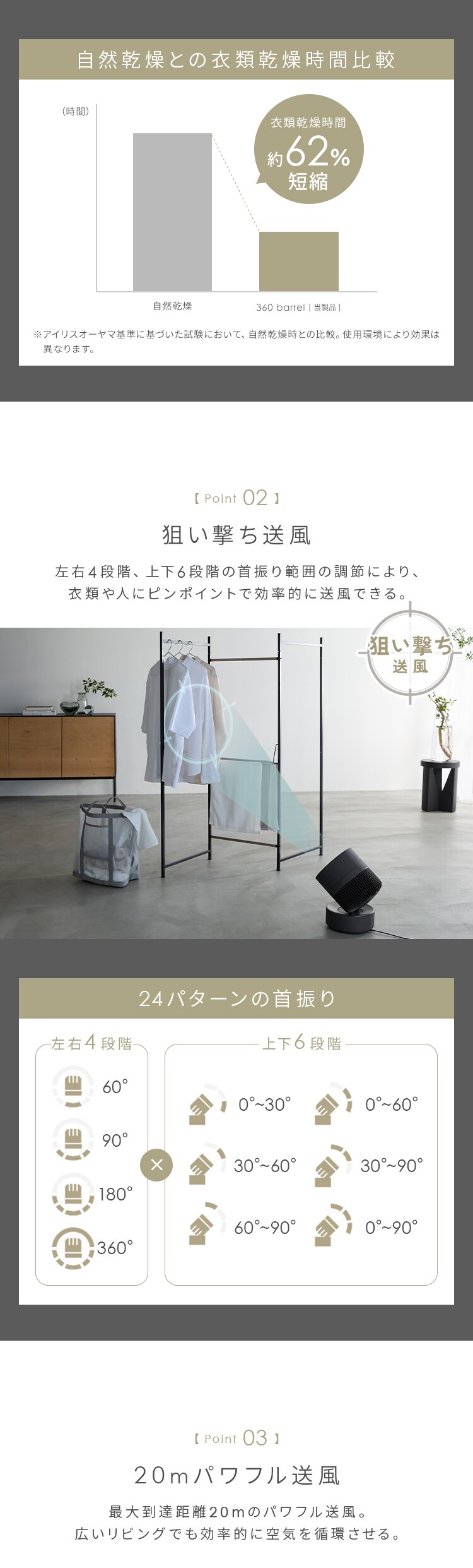 【分解丸洗い】サーキュレーター 40畳 DCモーター 上下左右首振り KCF-CDP18TEC1 グレー3