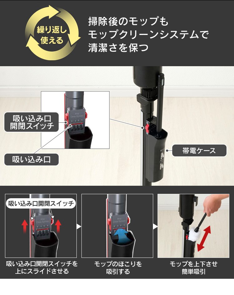 掃除機 コード式 紙パック 極細軽量 モップ付 IC-SBA6-R レッド8