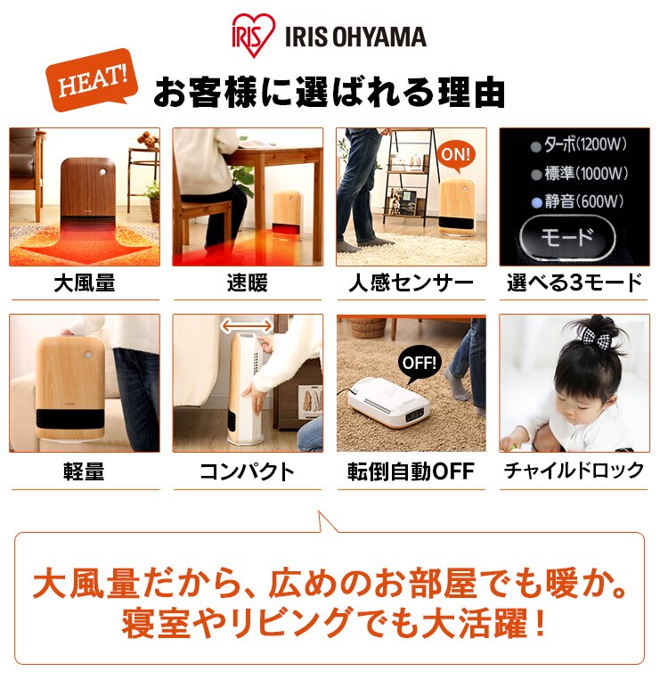 セラミックヒーター 人感センサー JCHM-12TD4-DTM 風量3段階 大風量 濃木目5