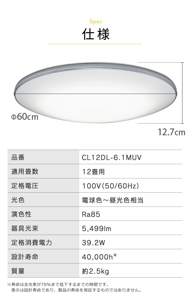 【2個セット】 LED シーリングライト 12畳 調光 調色 音声操作 工具・工事不要 リモコン付き 5年保証 CL12DL-6.1MUV27