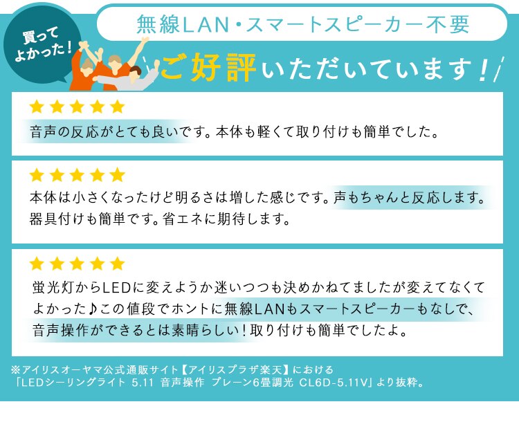 LED シーリングライト 6畳 調光 調色 音声操作 工具・工事不要 リモコン付き 5年保証 CL6DL-5.11WFV-U2