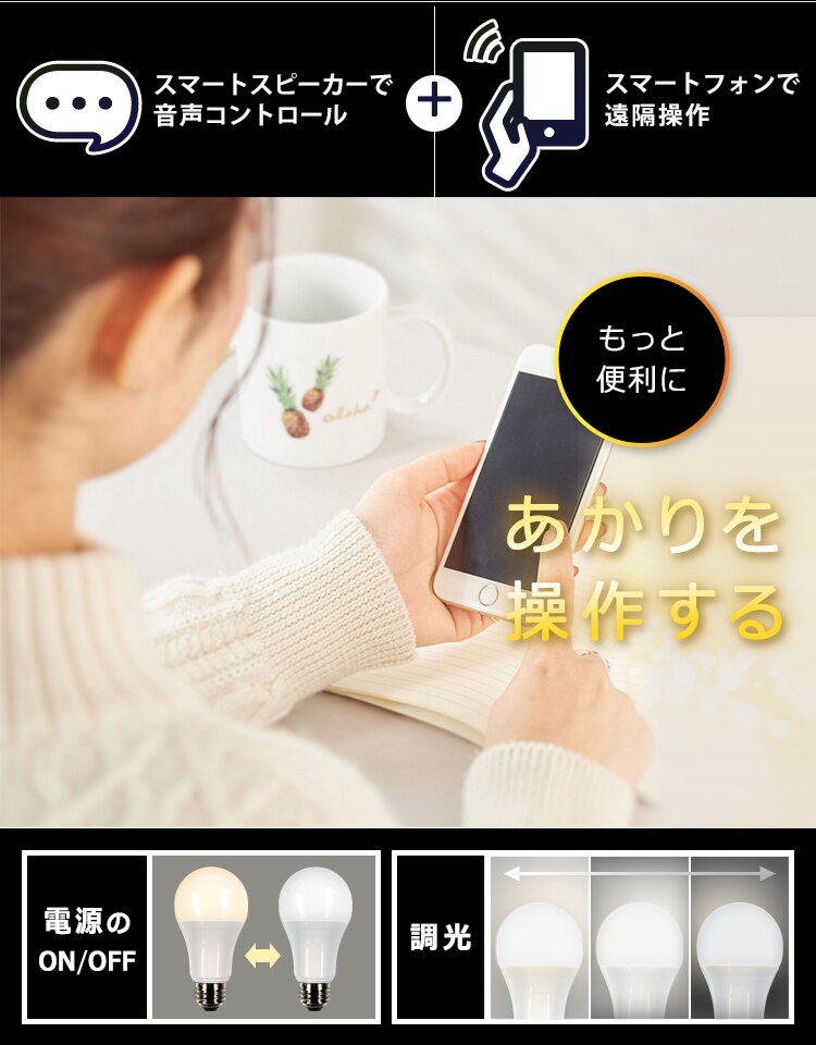 LED電球 E26 広配光 60形相当 調光 AIスピーカー LDA9L-G/D-86AITG+Google Nest Mini1