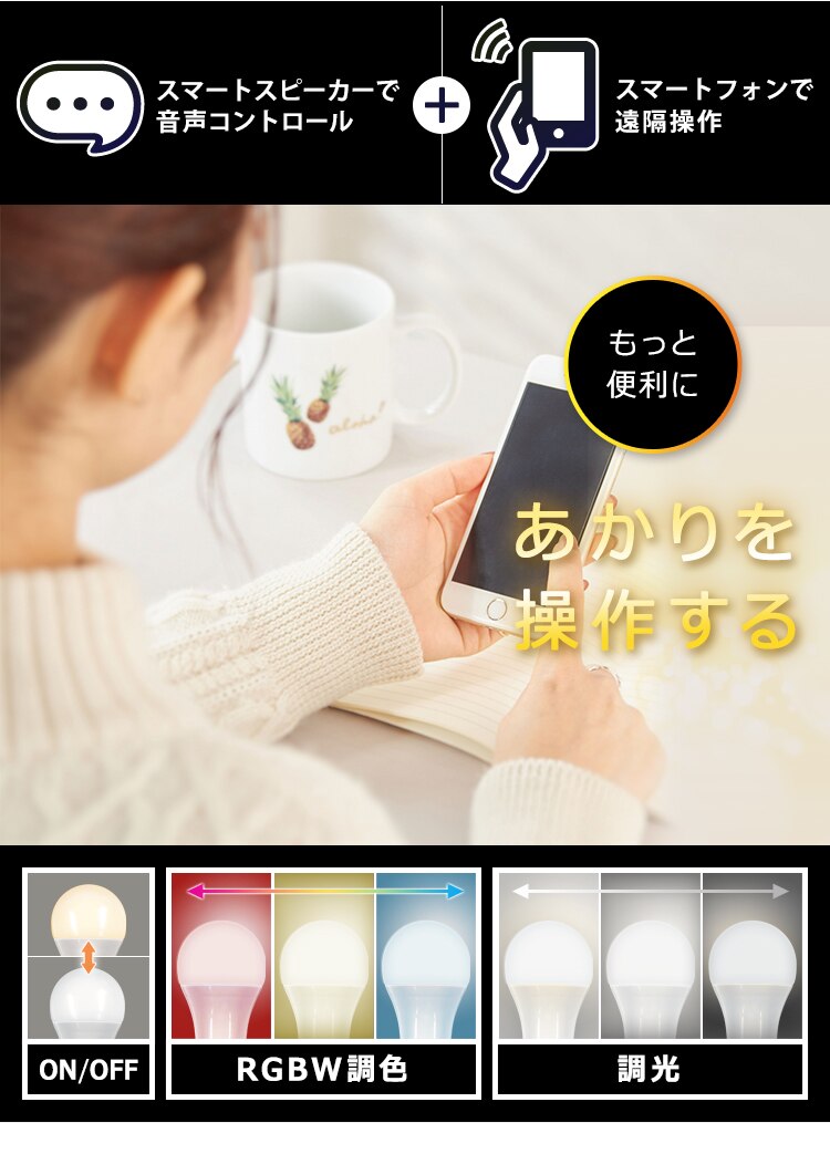 LED電球 E26 広配光 60形相当 RGBW調色 AIスピーカー LDA10F-G/D-86AITG+Google Nest Mini1