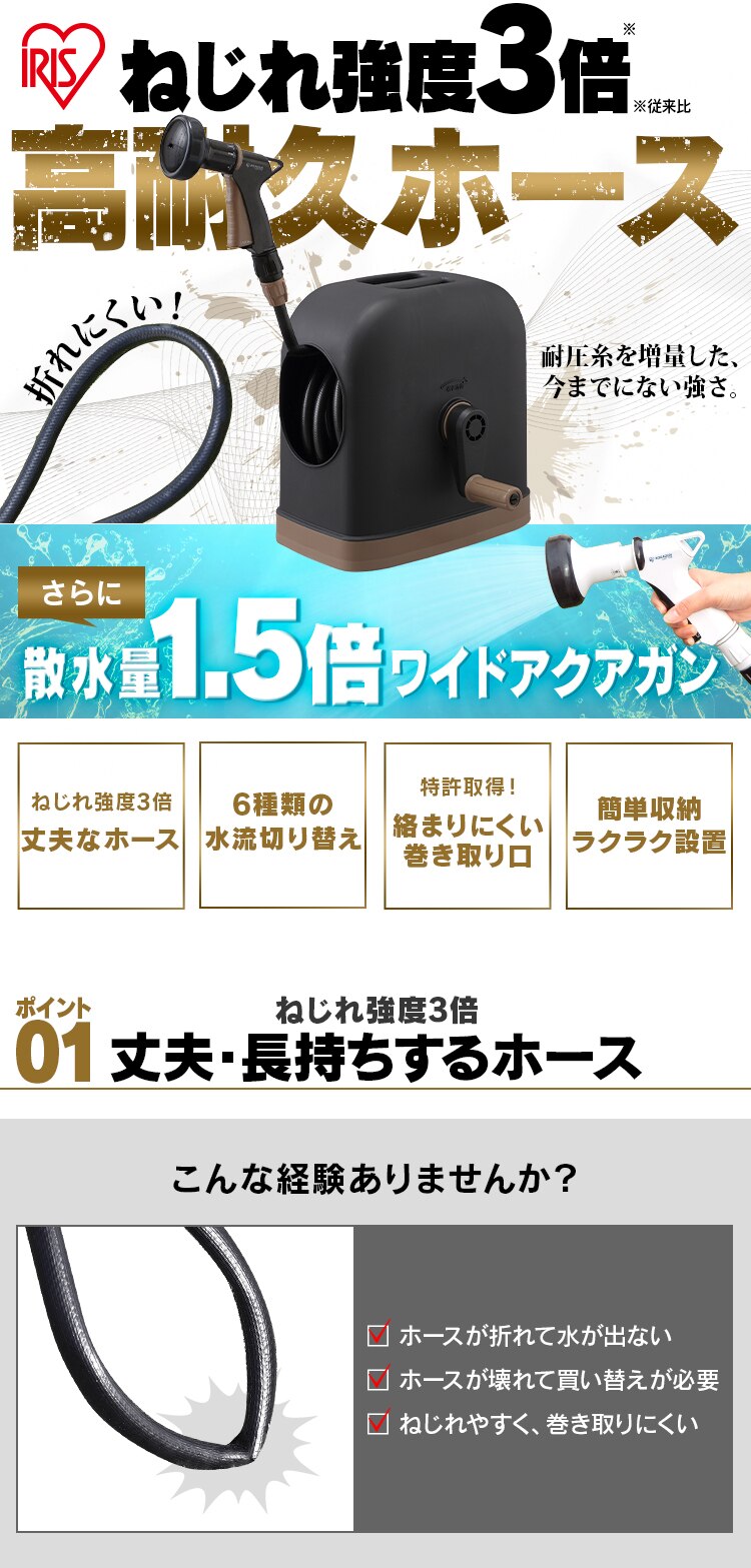 ホースリール 30m フルカバー 高耐久ホース 水流切り替え6種 FHHG-30 ブラック/ホワイト【2年保証付き】0