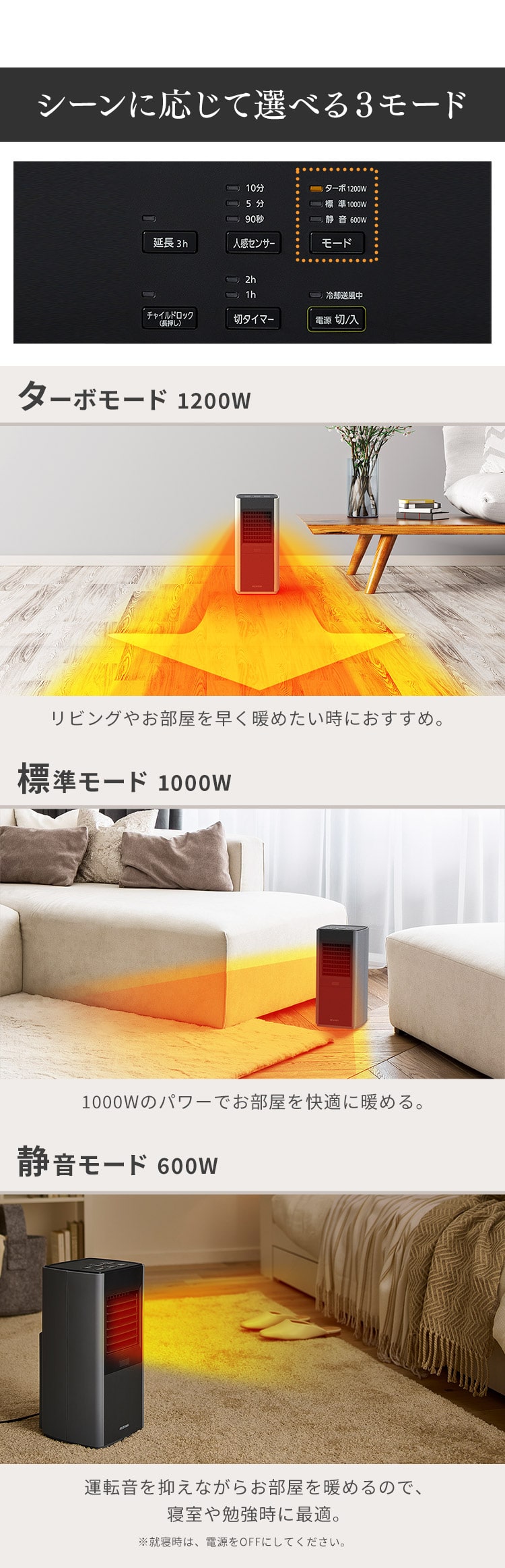 セラミックヒーター 大風量 スリム 人感センサー KJCH-12TDS1-W ホワイト6