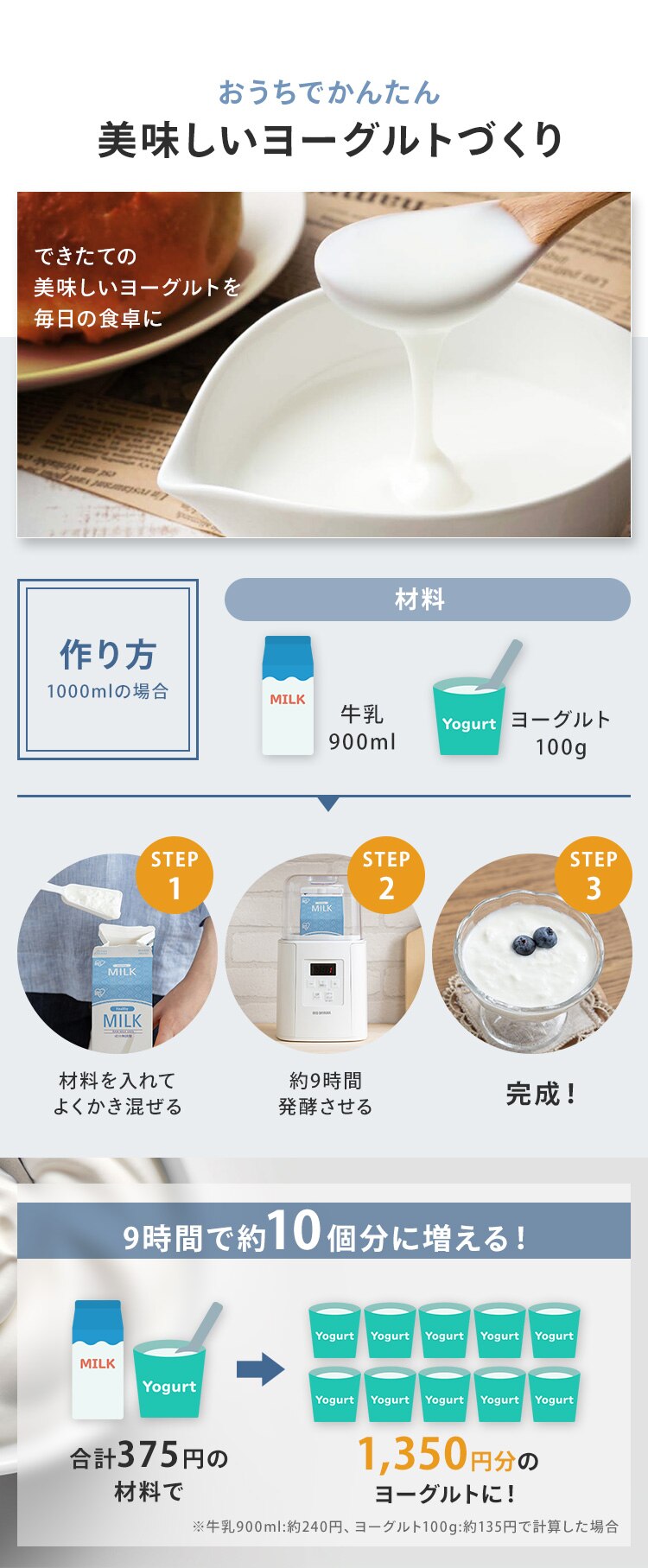 ヨーグルトメーカー 自動メニュー7種 豆乳パック対応 混ぜ棒付き 専用容器&times;1個 KYM-016-W2