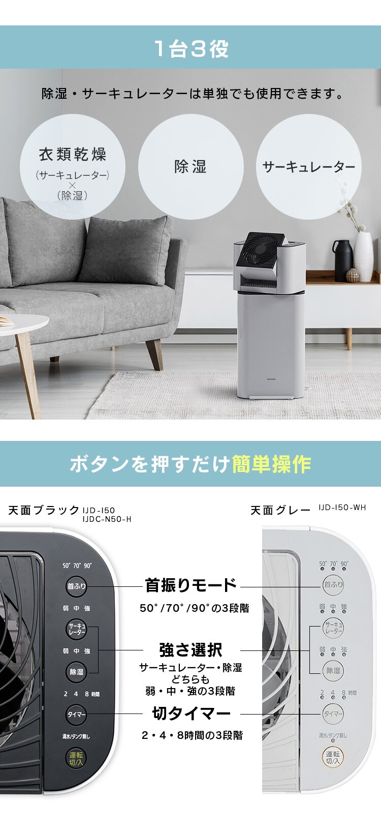 サーキュレーター衣類乾燥除湿機 デシカント式 13畳 5L 静音 1台3役 グレー/天面ブラック5