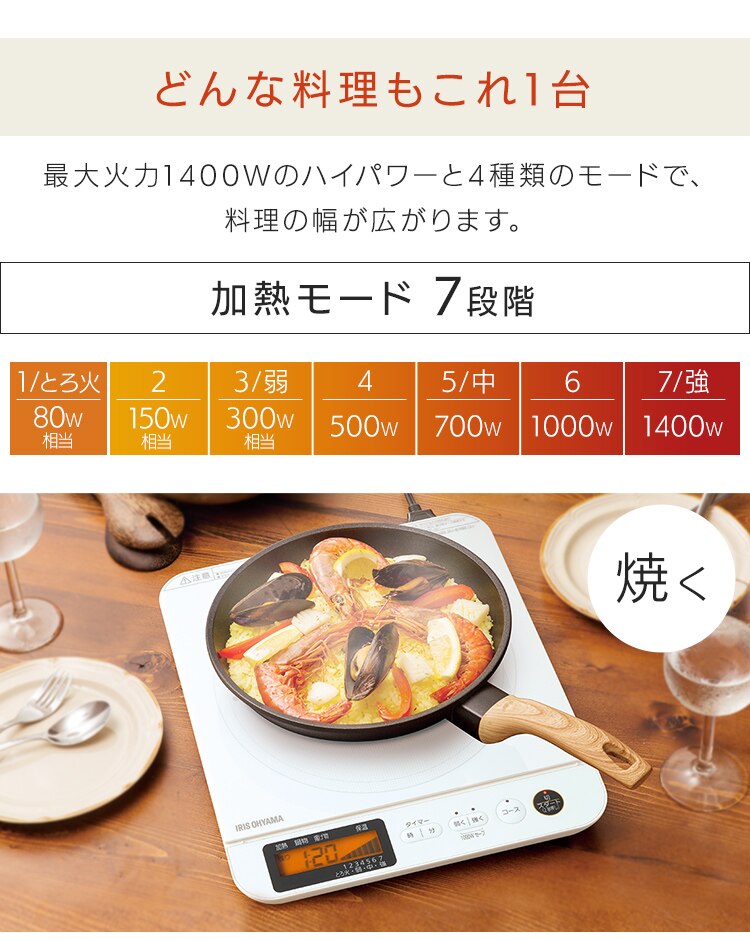 IHコンロ 1口 1400W 液晶付き IHC-T71-W ホワイト7