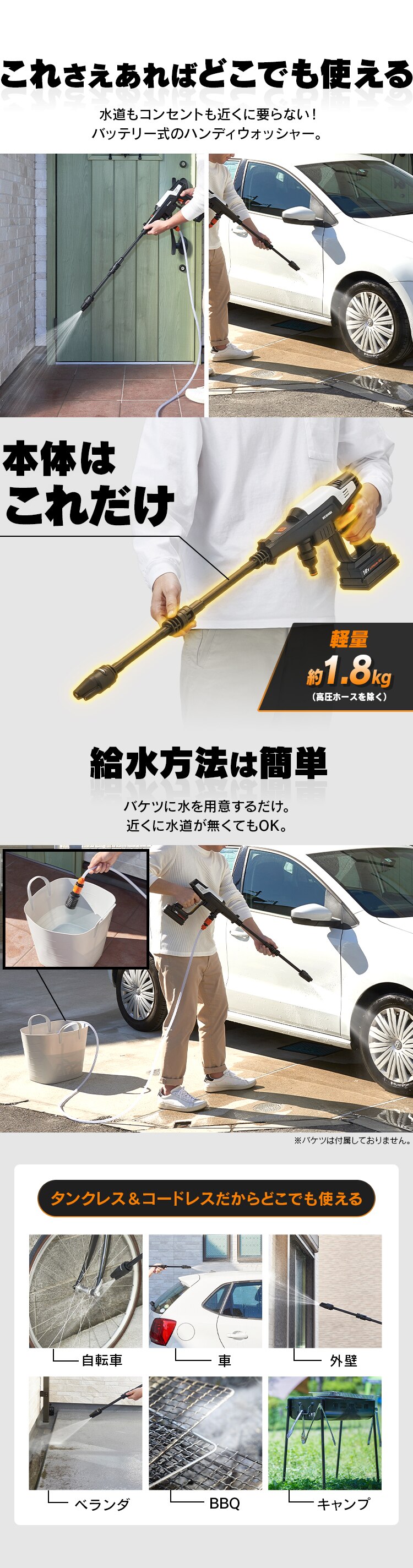 【収納BOXセット】高圧洗浄 ハンディウォッシャー 充電式 ホワイト JHW-201 3