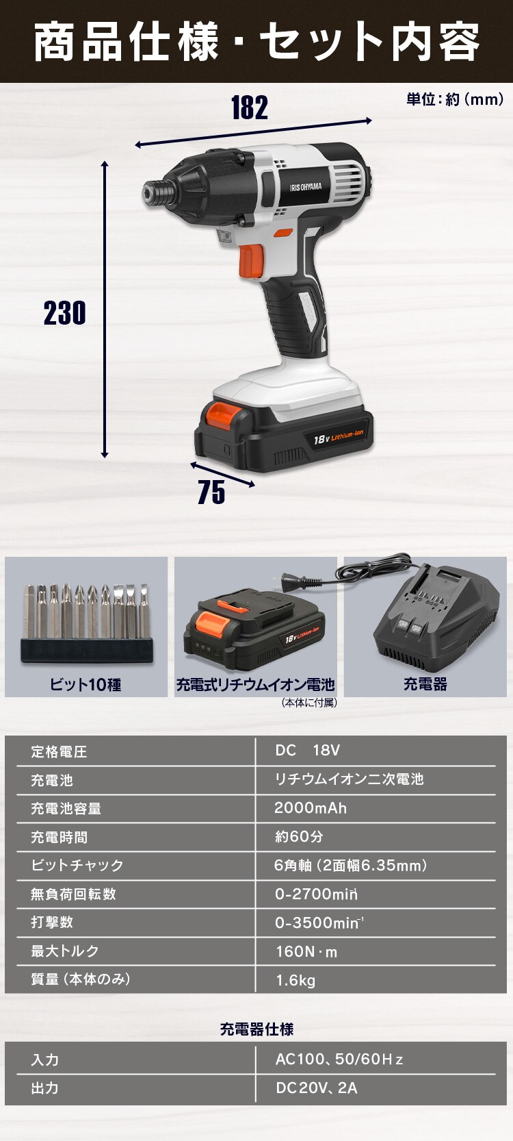 インパクトドライバー 充電式 18V インパクト バッテリー付き JID16012