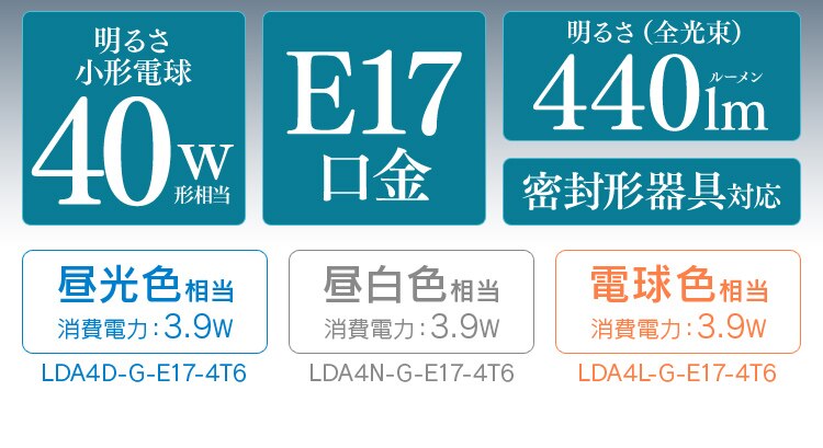 【4個セット】LED電球 E17口金 広配光タイプ 40W形相当 昼白色 密閉形器具対応 LDA4N-G-E17-4T62P1