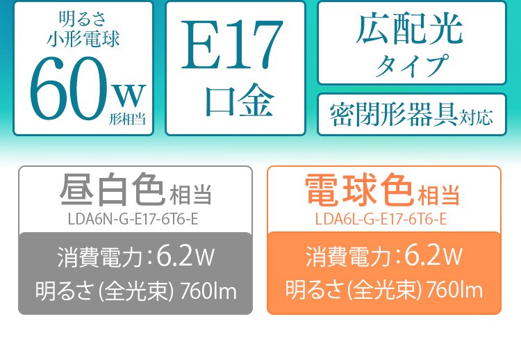 【4個セット】LED電球 E17口金 広配光タイプ 60W形相当 電球色 密閉形器具対応 LDA6L-G-E17-6T6-E1