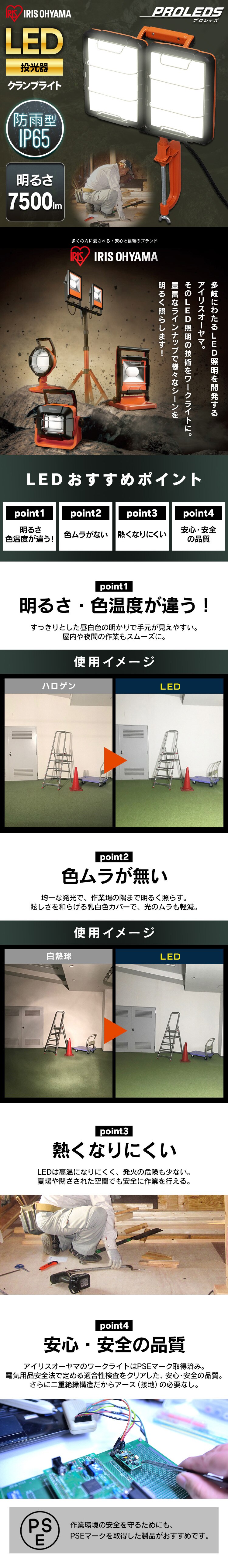 ワークライト LED クランプライト 投光器 AC式 防雨 作業灯 7500lm LWT-7500C-WP0